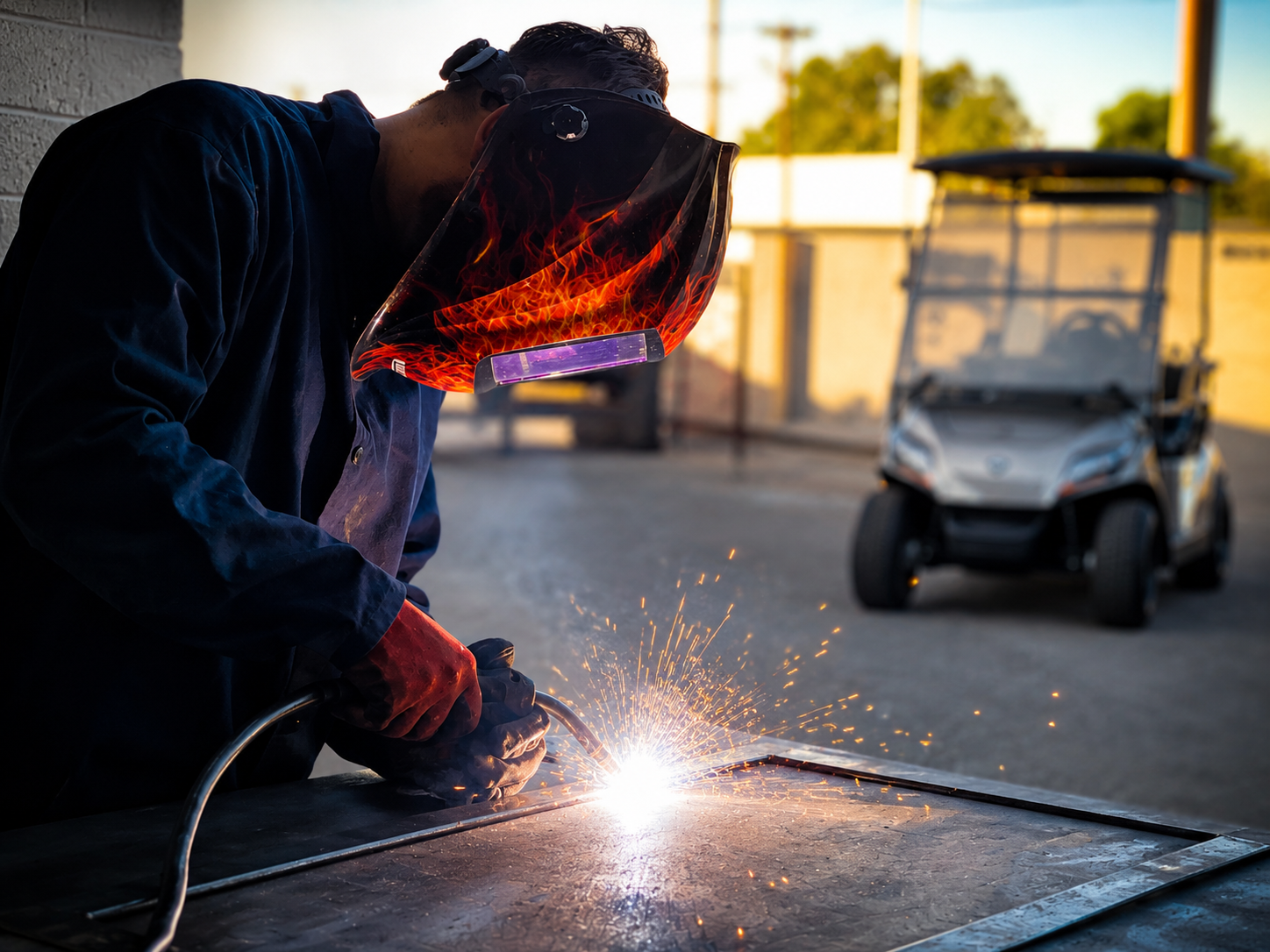 Technician welding metal for golf cart fabrication