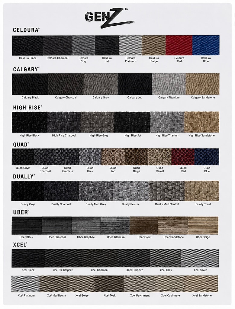 GEN Z seat upholstery material catalog with texture and color options